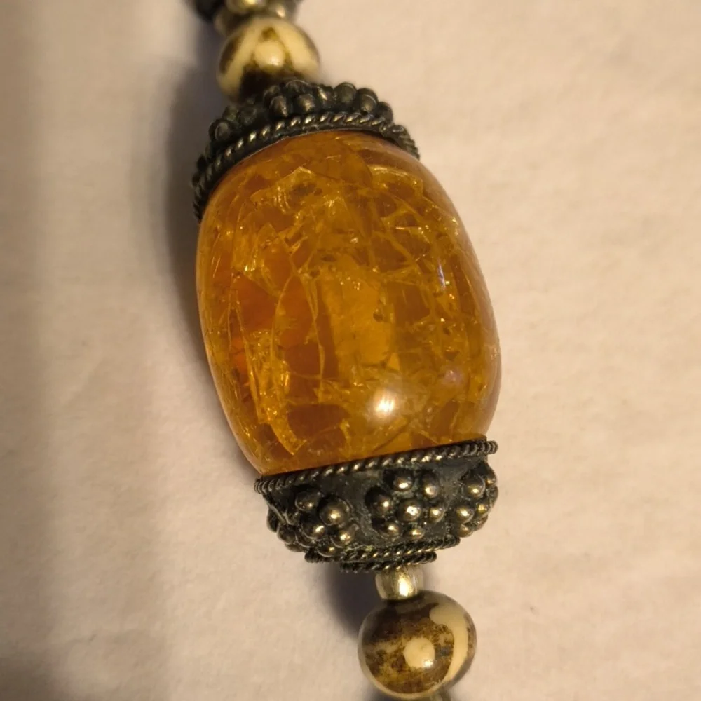 Vintage Amber , Metal Wood Statement Necklace - Picture 4 of 11